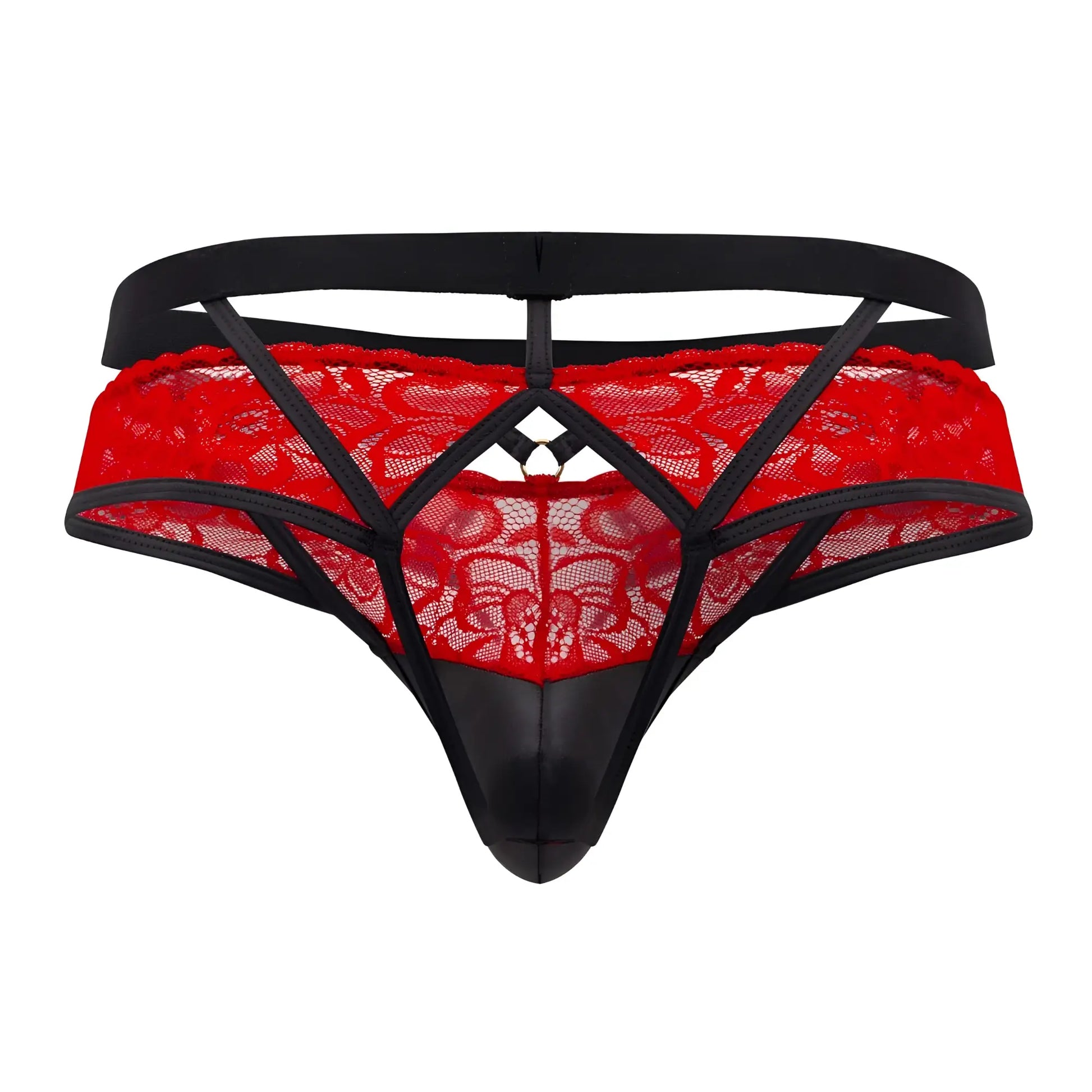 Red lace jockstrap candy man 99627 with black straps and glossy black front panel in red lace design