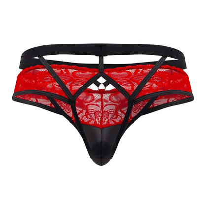 Red lace jockstrap candy man 99627 with black straps and glossy black front panel in red lace design