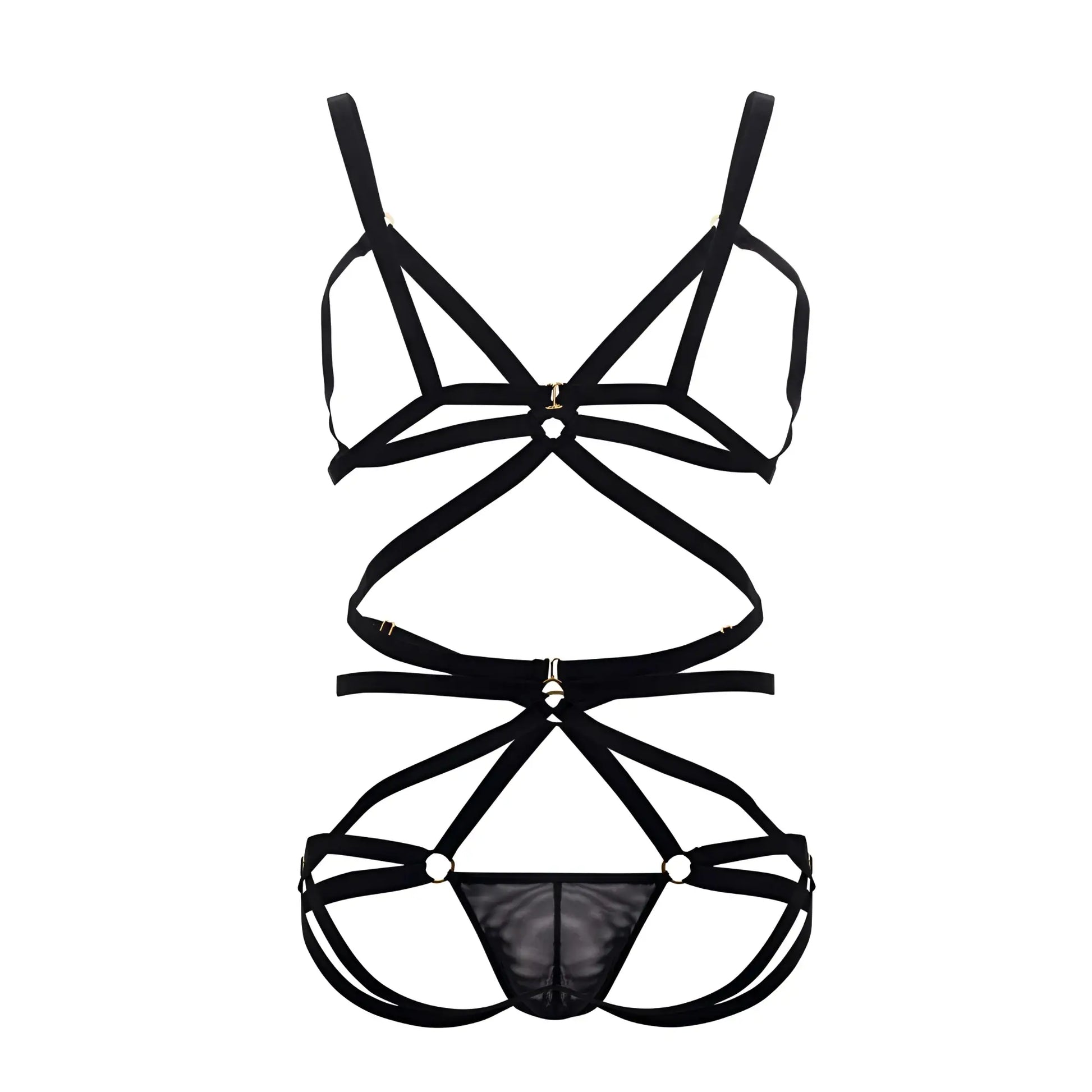 Black strappy lace-up CandyMan 99635 harness two piece lingerie set with sheer mesh panel and harness details