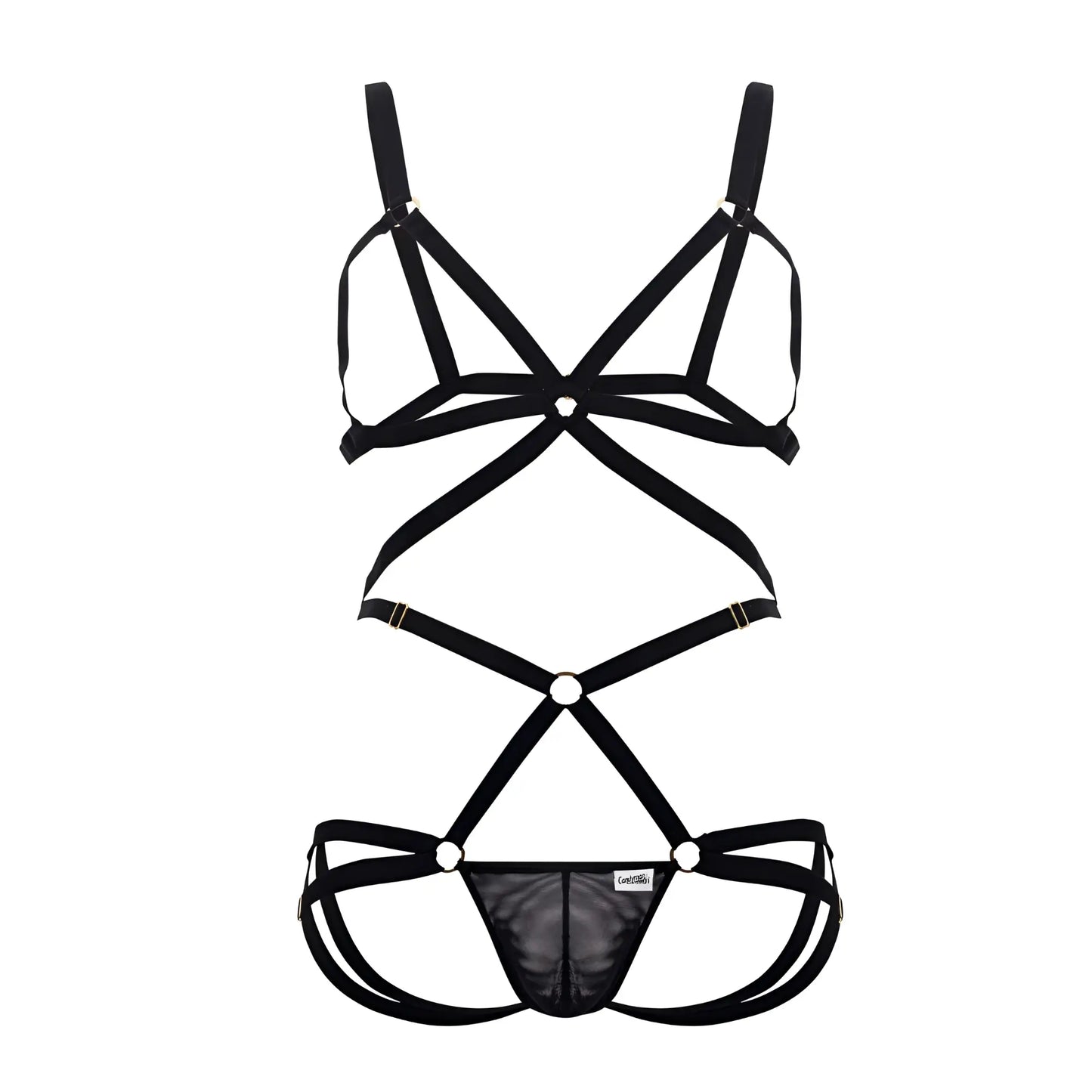Black candyman 99635 harness two piece lingerie set with crisscross straps and mesh panel for stylish wear
