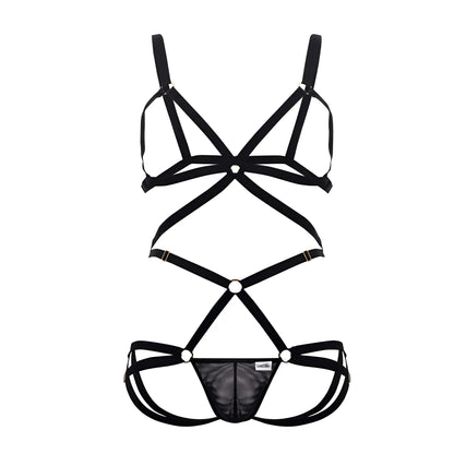Black candyman 99635 harness two piece lingerie set with crisscross straps and mesh panel for stylish wear