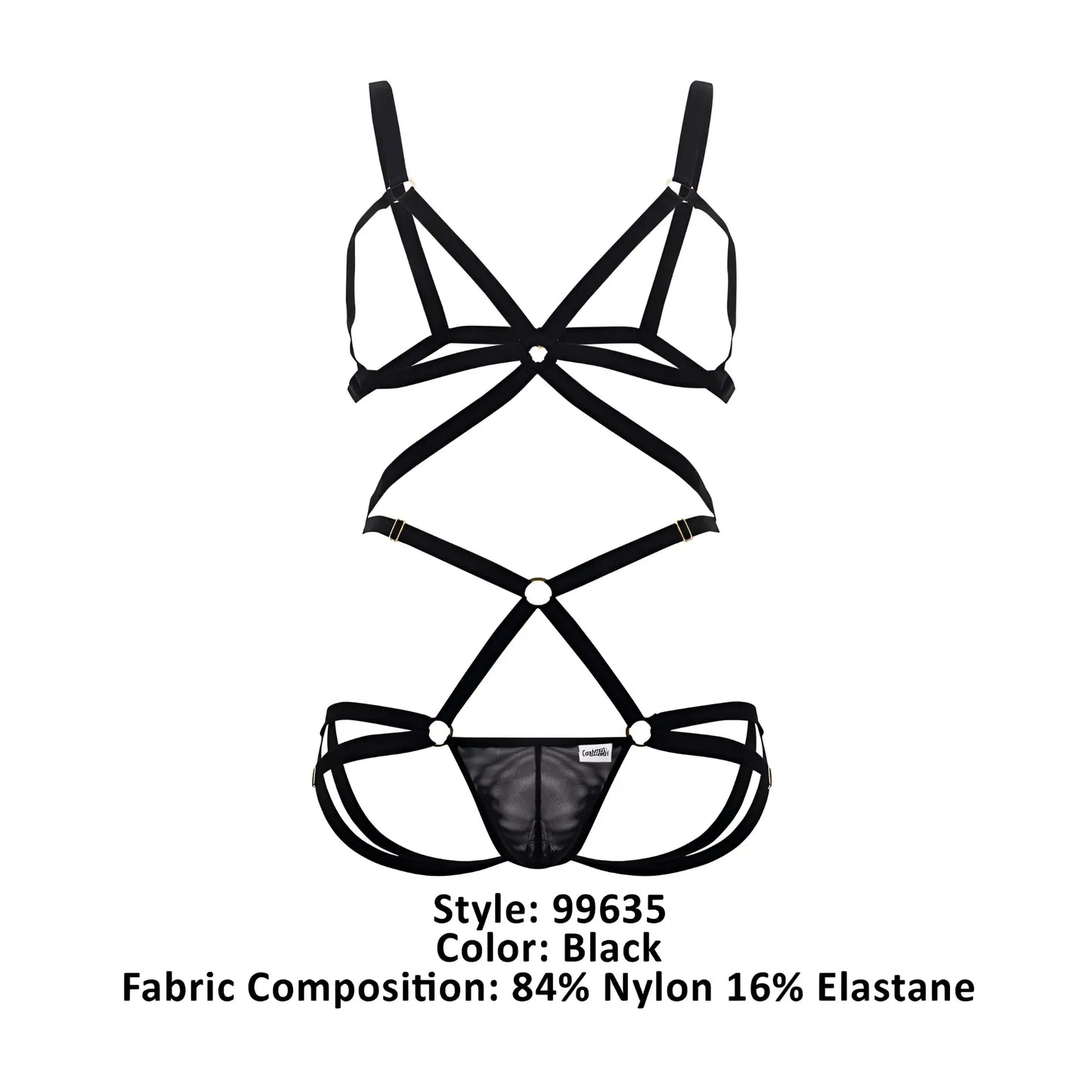 Black strappy lingerie two piece set with crisscross design and mesh panel by candyman 99635 harness style