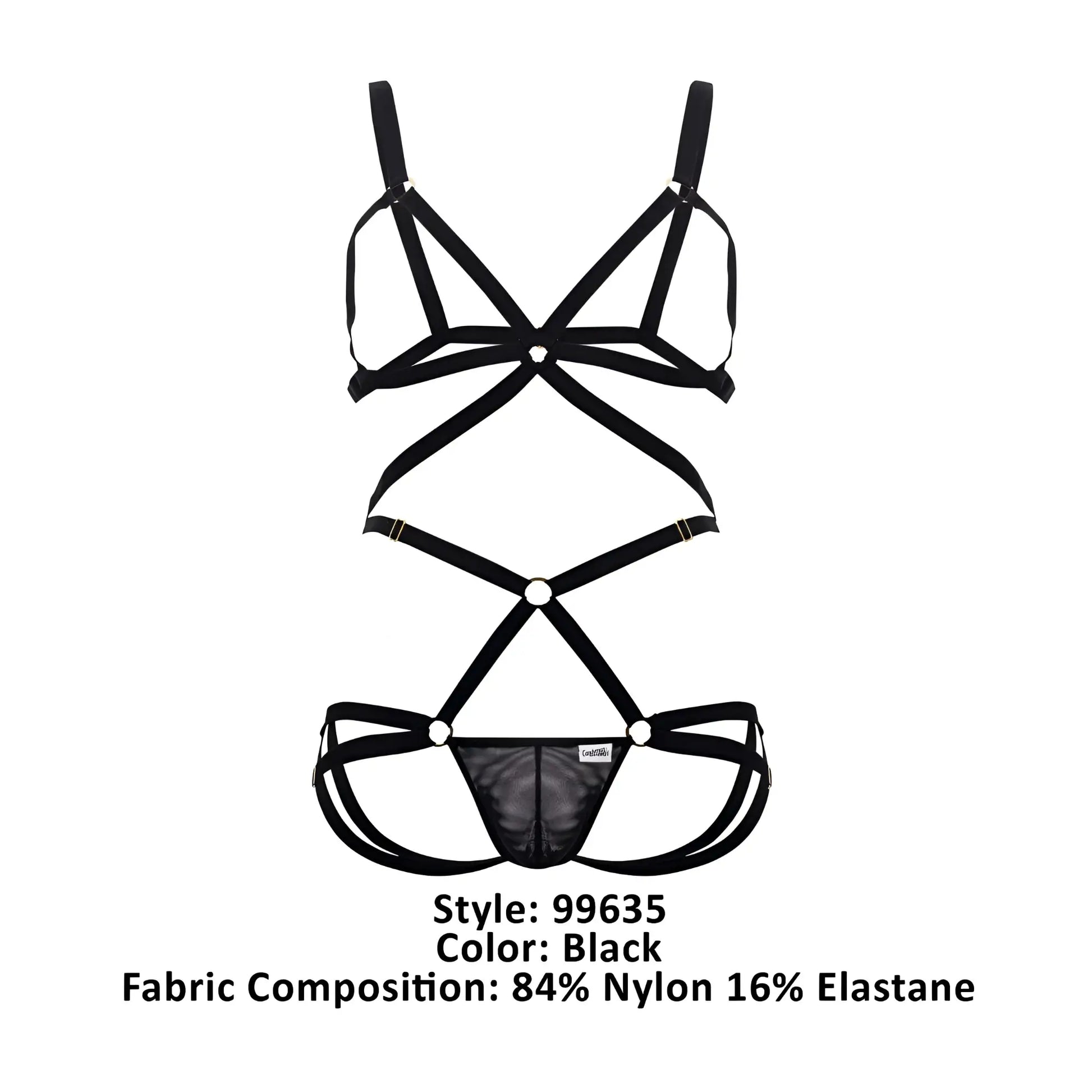 Black strappy lingerie two piece set with crisscross design and mesh panel by candyman 99635 harness style