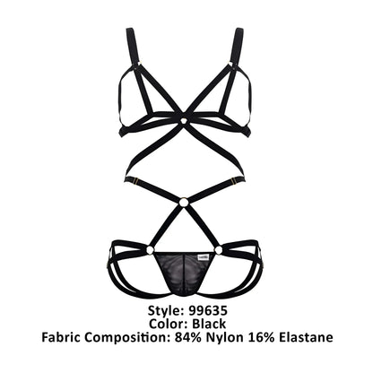 Black strappy lingerie two piece set with crisscross design and mesh panel by candyman 99635 harness style