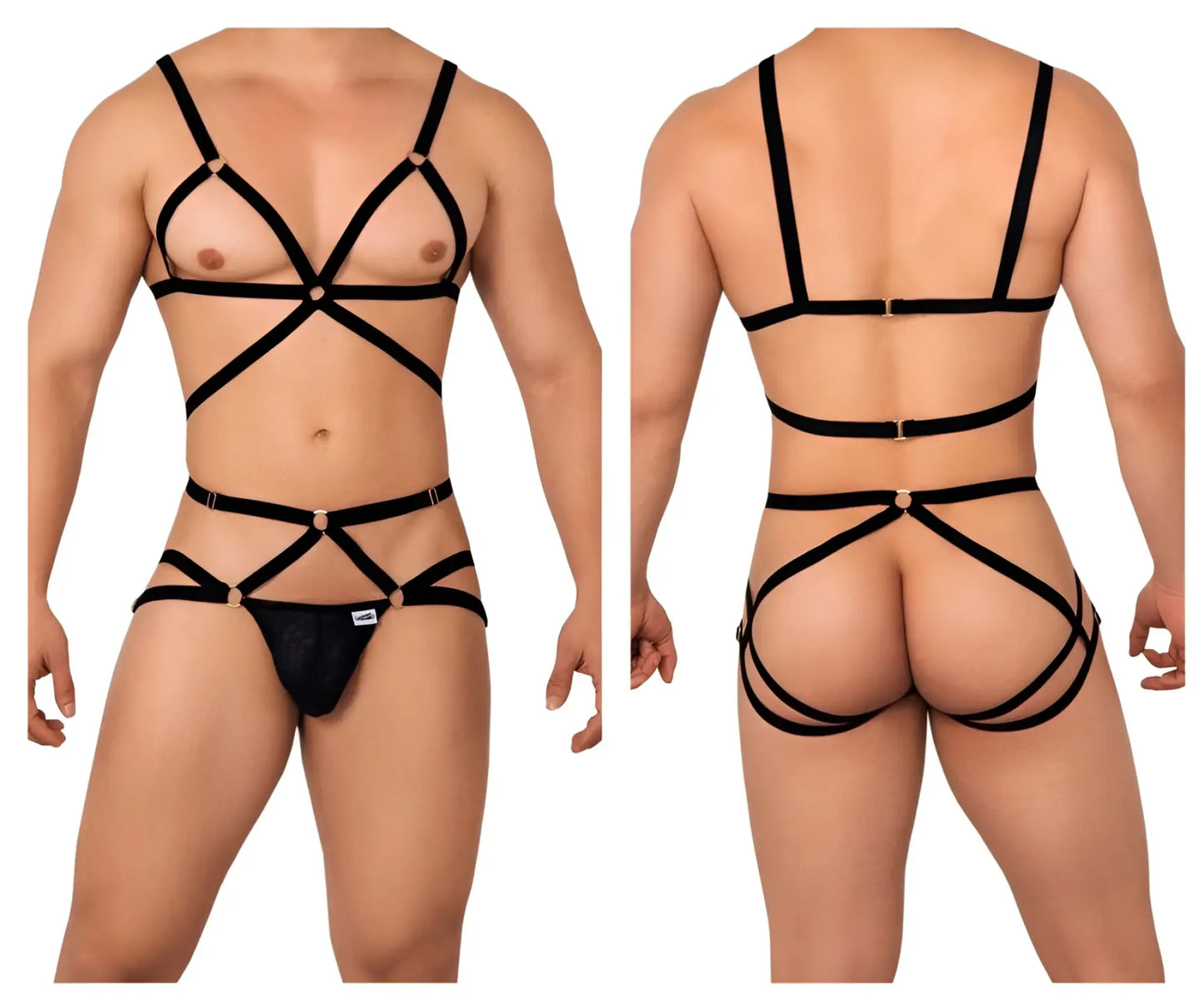Black strappy harness two piece lingerie set with metallic gold toned hardware by candyman 99635