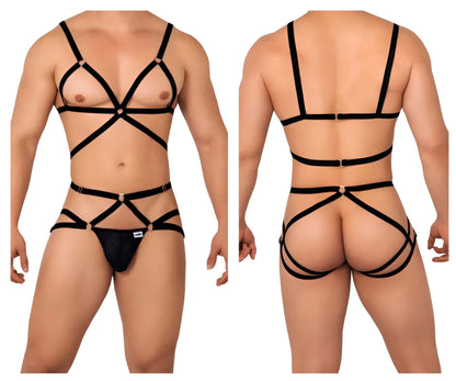 Black strappy harness two piece lingerie set with metallic gold toned hardware by candyman 99635
