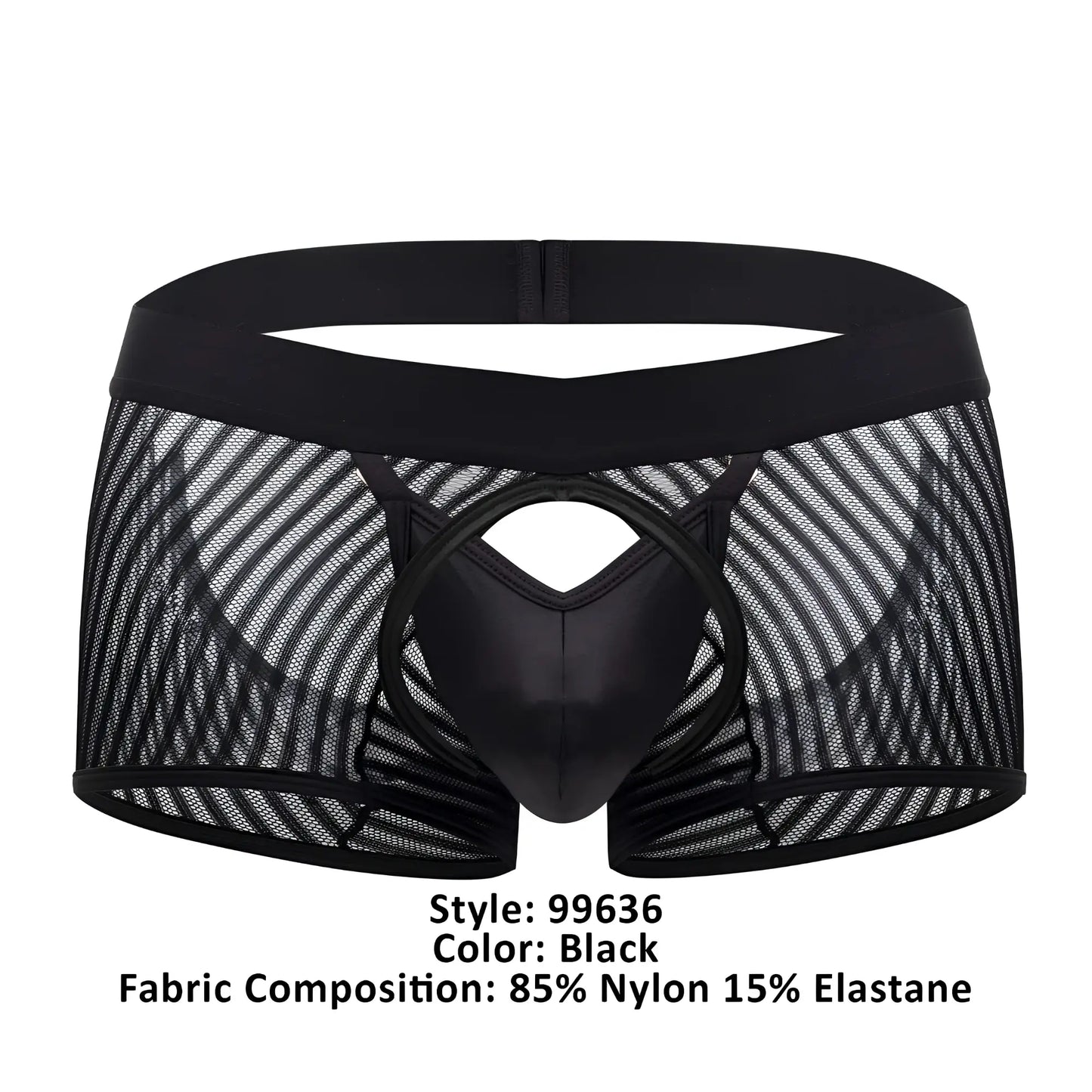 CandyMan 99636 mesh trunks in black feature black mesh briefs with a solid glossy center panel and elastic waistband