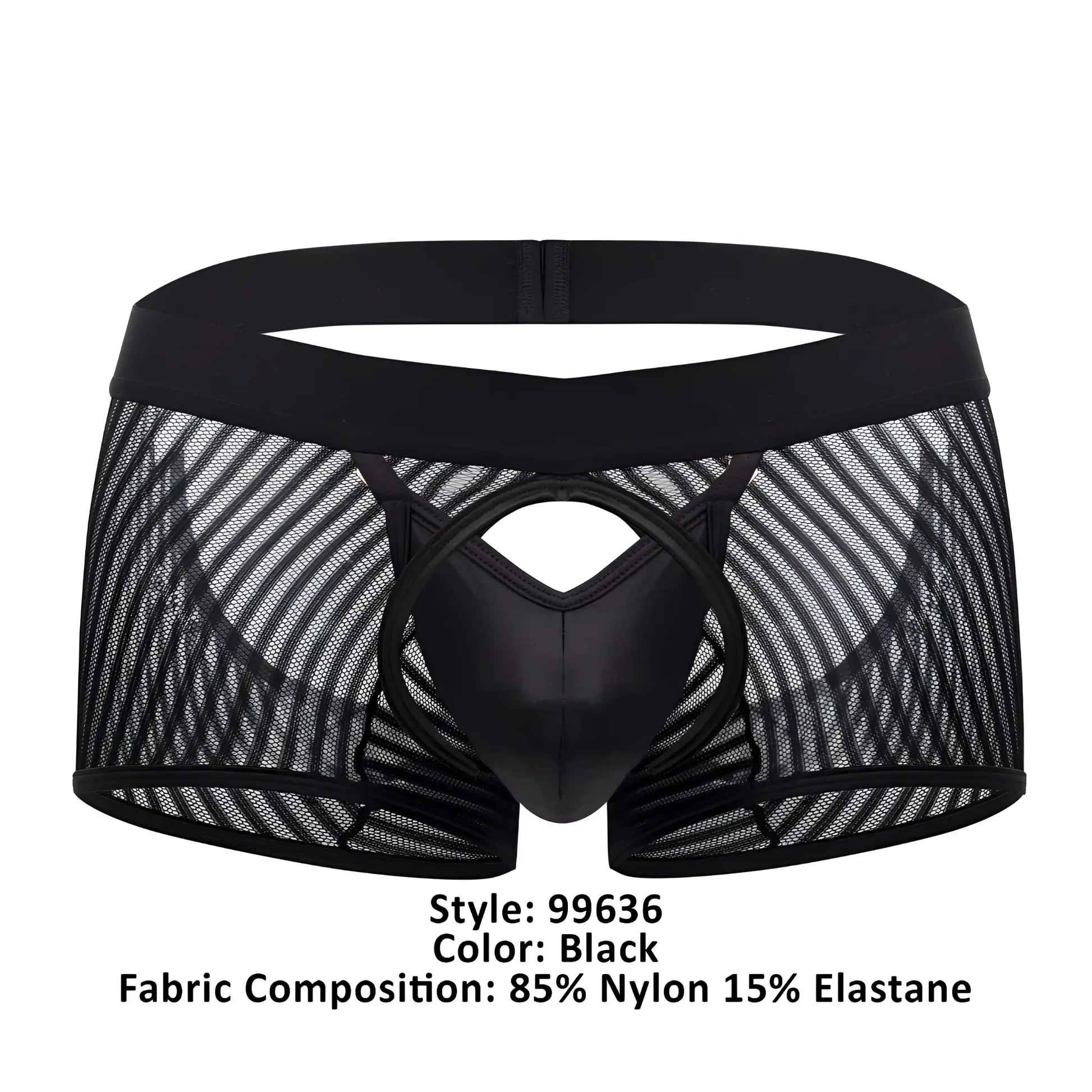 CandyMan 99636 mesh trunks in black feature black mesh briefs with a solid glossy center panel and elastic waistband