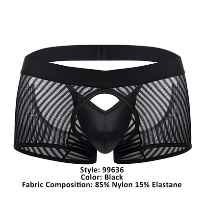 CandyMan 99636 mesh trunks in black feature black mesh briefs with a solid glossy center panel and elastic waistband