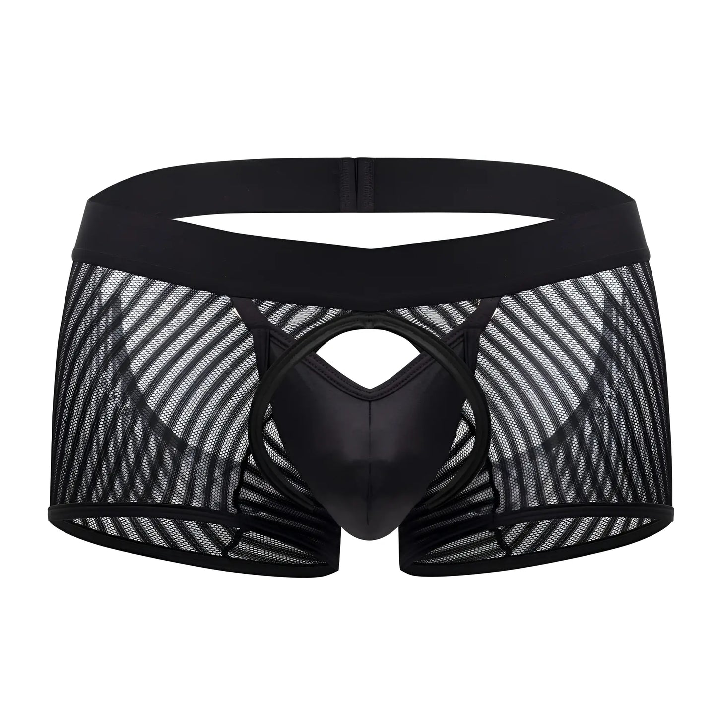 CandyMan 99636 black mesh trunks with a solid glossy center panel and elastic waistband for comfortable wear