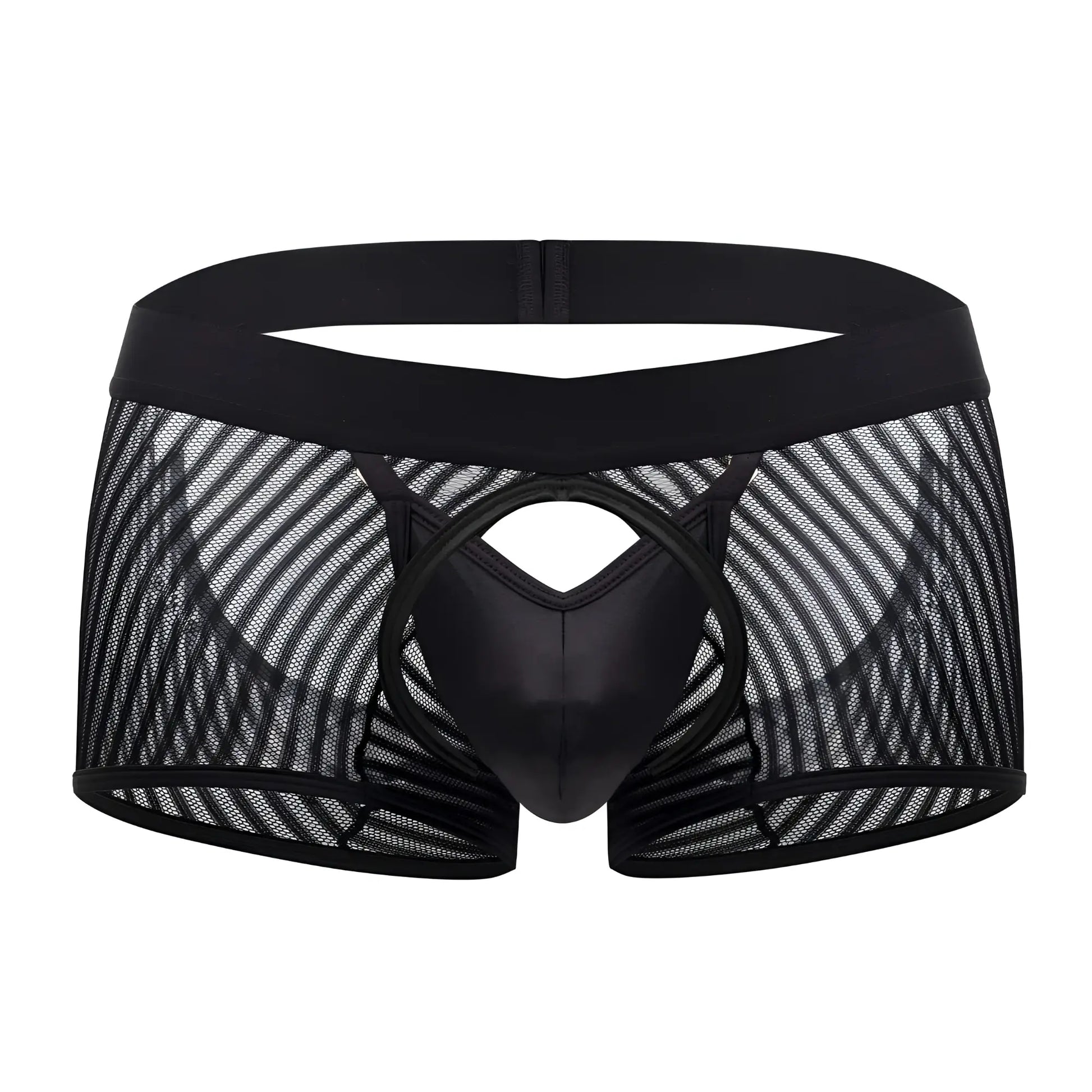 CandyMan 99636 black mesh trunks with a solid glossy center panel and elastic waistband for comfortable wear