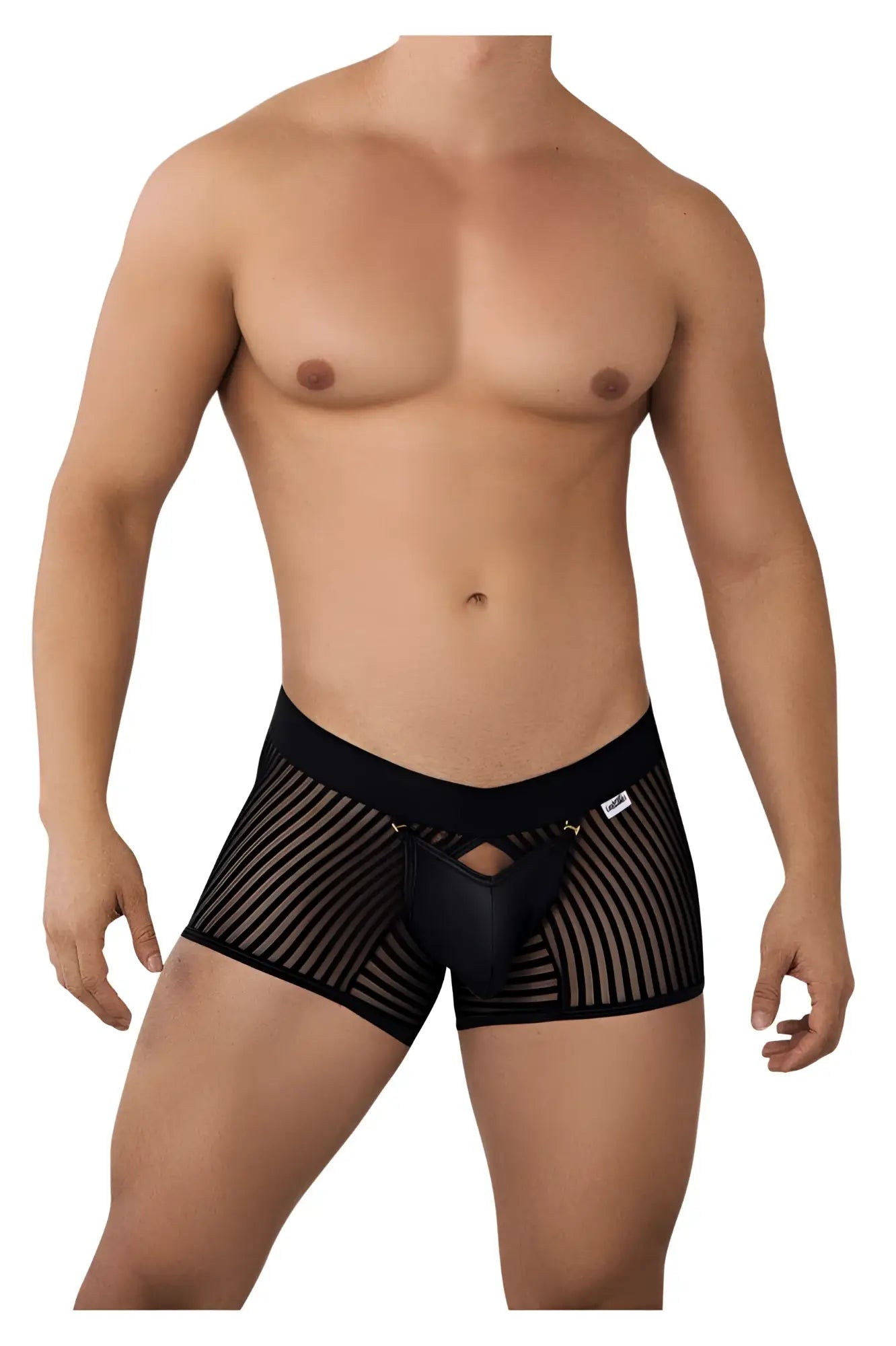 CandyMan 99636 mesh trunks in black feature a solid front panel and a striped mesh pattern for breathable comfort