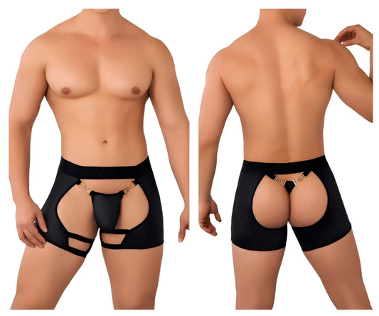 Black CandyMan 99637 chaps thongs briefs with gold-tone metal accents and cut-out design