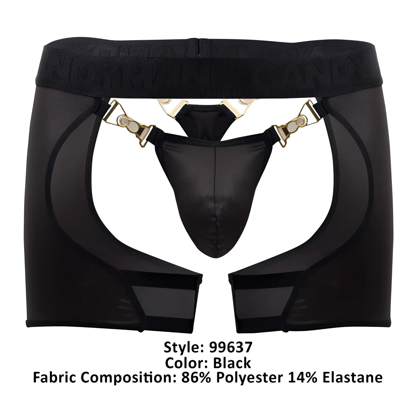 Black candyman 99637 chaps thongs with sheer mesh overlay and gold-tone metal clasps and hardware accents