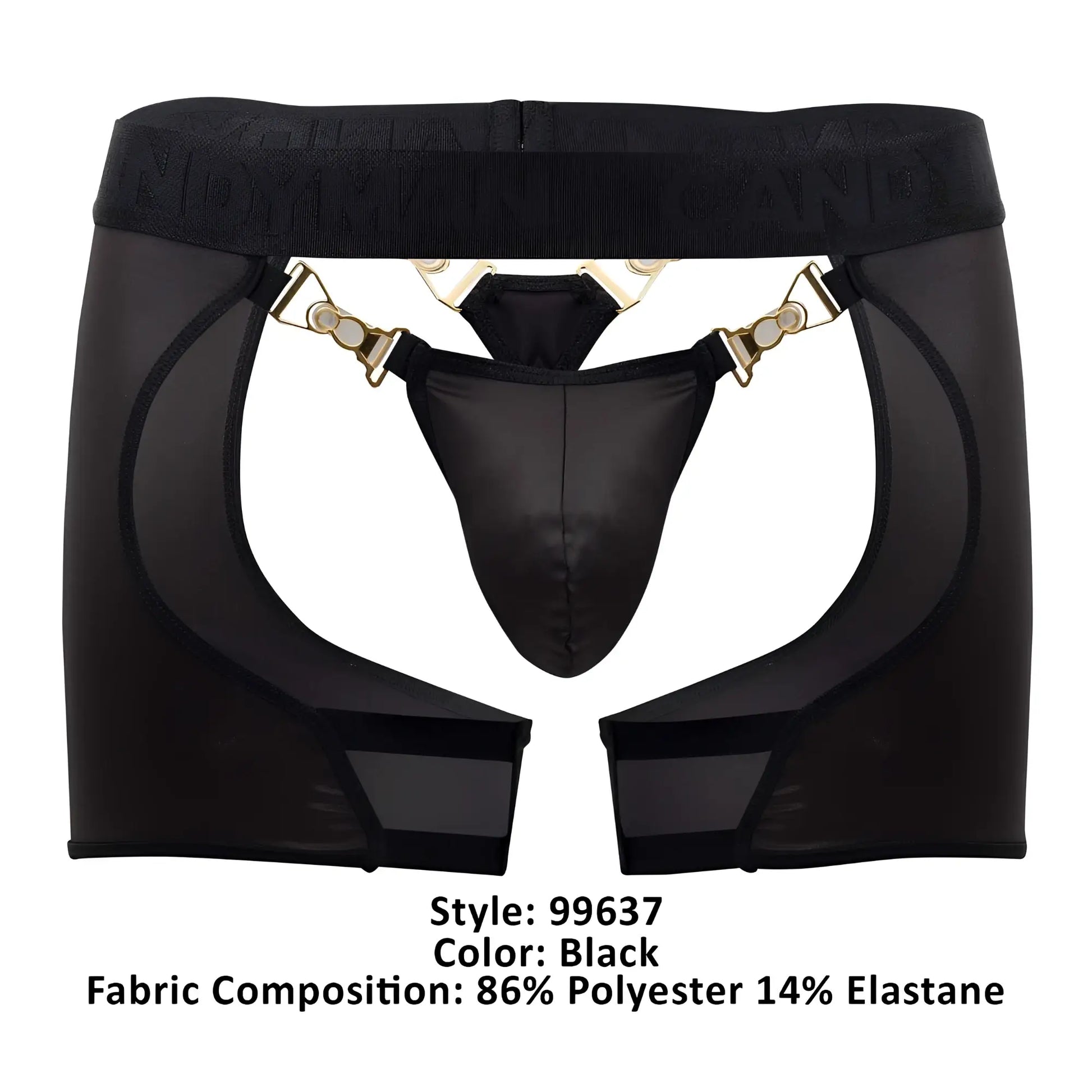 Black candyman 99637 chaps thongs with sheer mesh overlay and gold-tone metal clasps and hardware accents