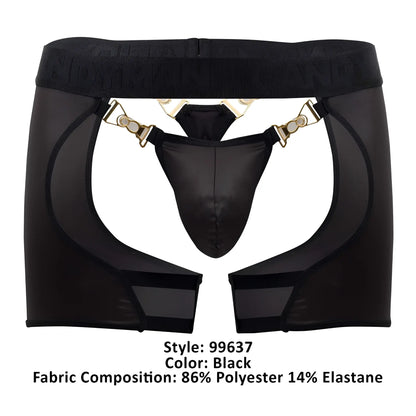 Black candyman 99637 chaps thongs with sheer mesh overlay and gold-tone metal clasps and hardware accents