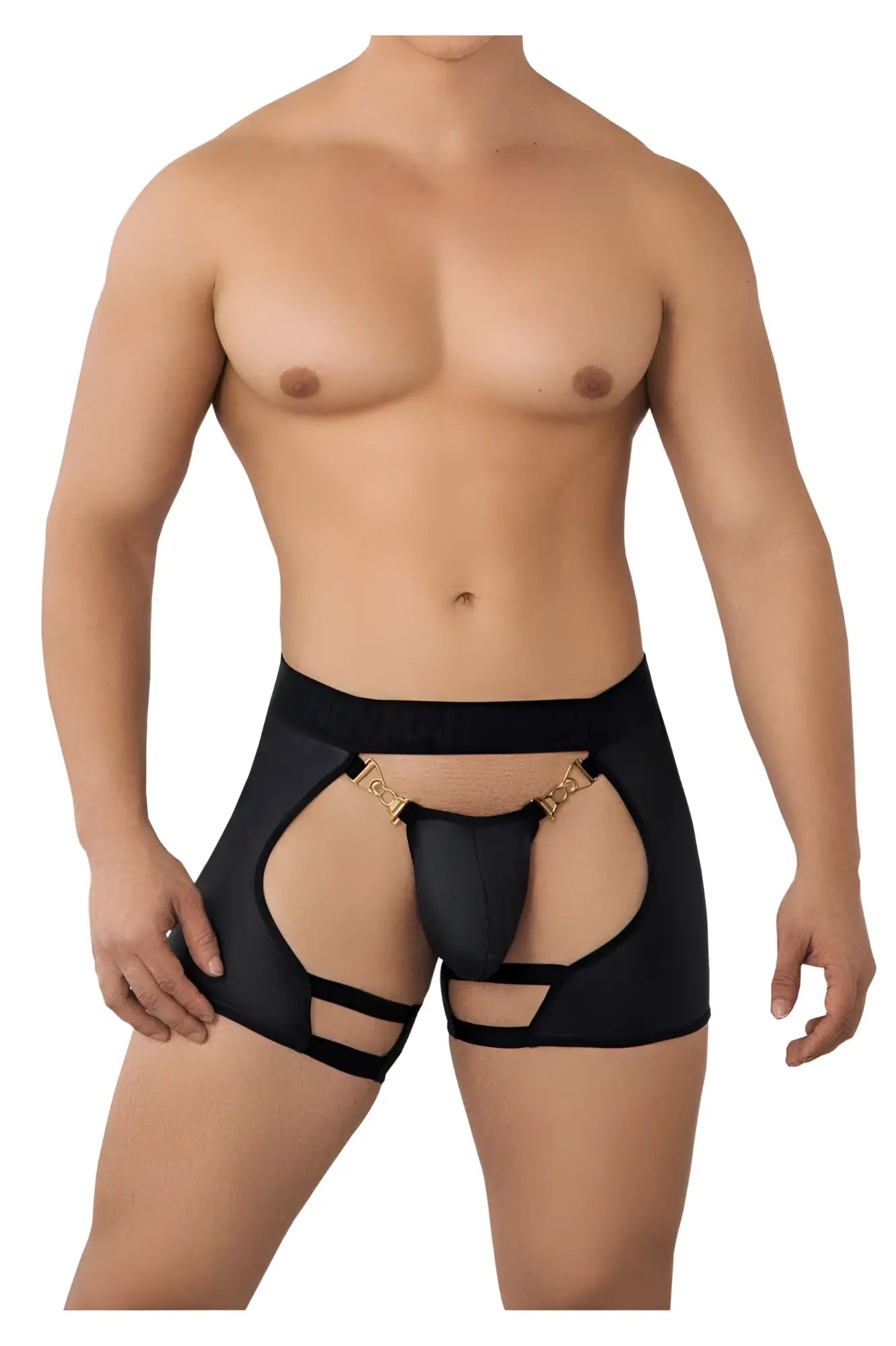Black CandyMan 99637 chaps thongs with gold metal clasps and cut-out detailing in form-fitting design