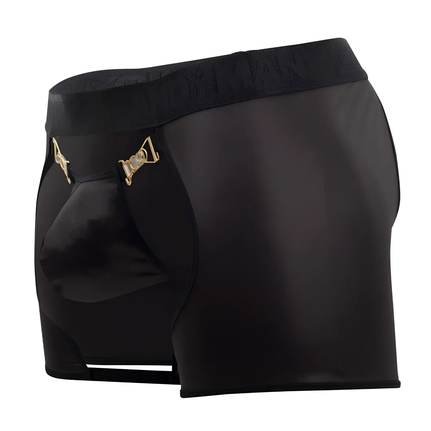 Black satin CandyMan 99637 chaps thongs with gold-tone metal clasps and textured waistband front view