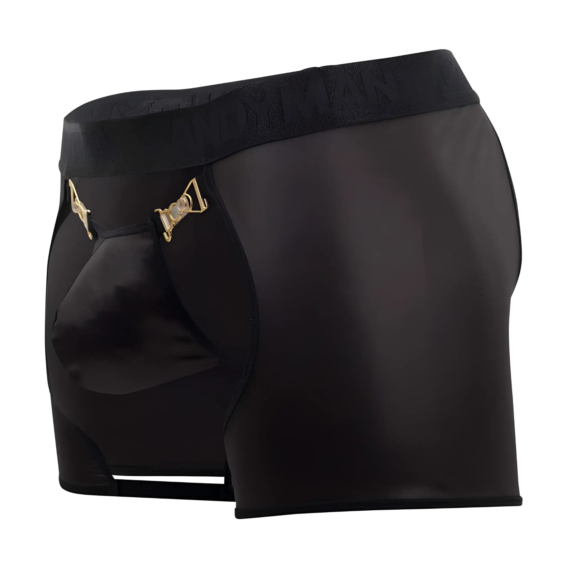 Black satin CandyMan 99637 chaps thongs with gold-tone metal clasps and textured waistband front view