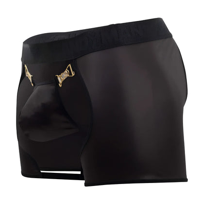Black satin CandyMan 99637 chaps thongs with gold-tone metal clasps and textured waistband front view