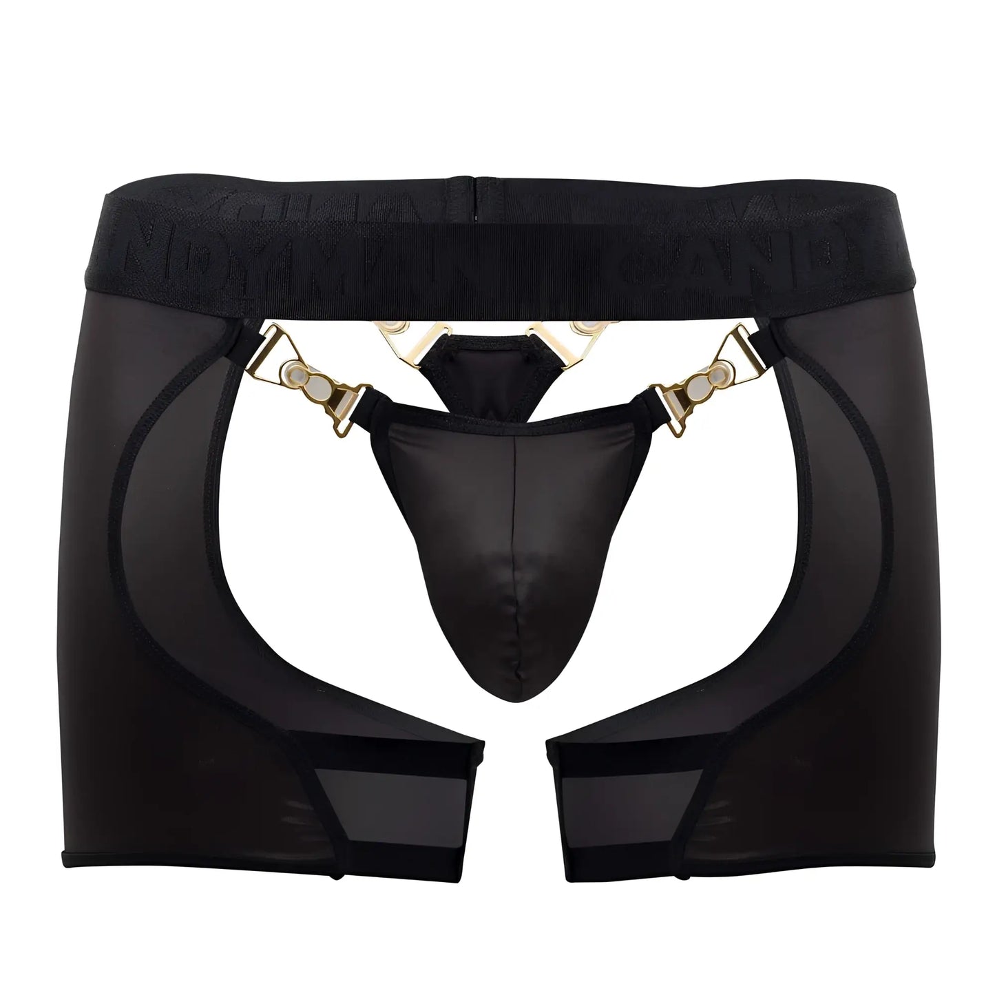 Black sheer mesh garter belt with gold-tone metal clasps and matching black thong candyMan 99637 chaps thongs black