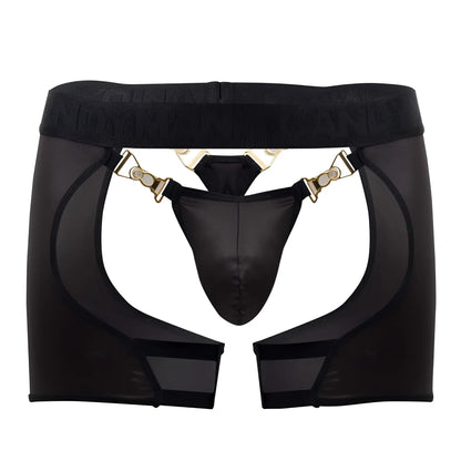 Black sheer mesh garter belt with gold-tone metal clasps and matching black thong candyMan 99637 chaps thongs black