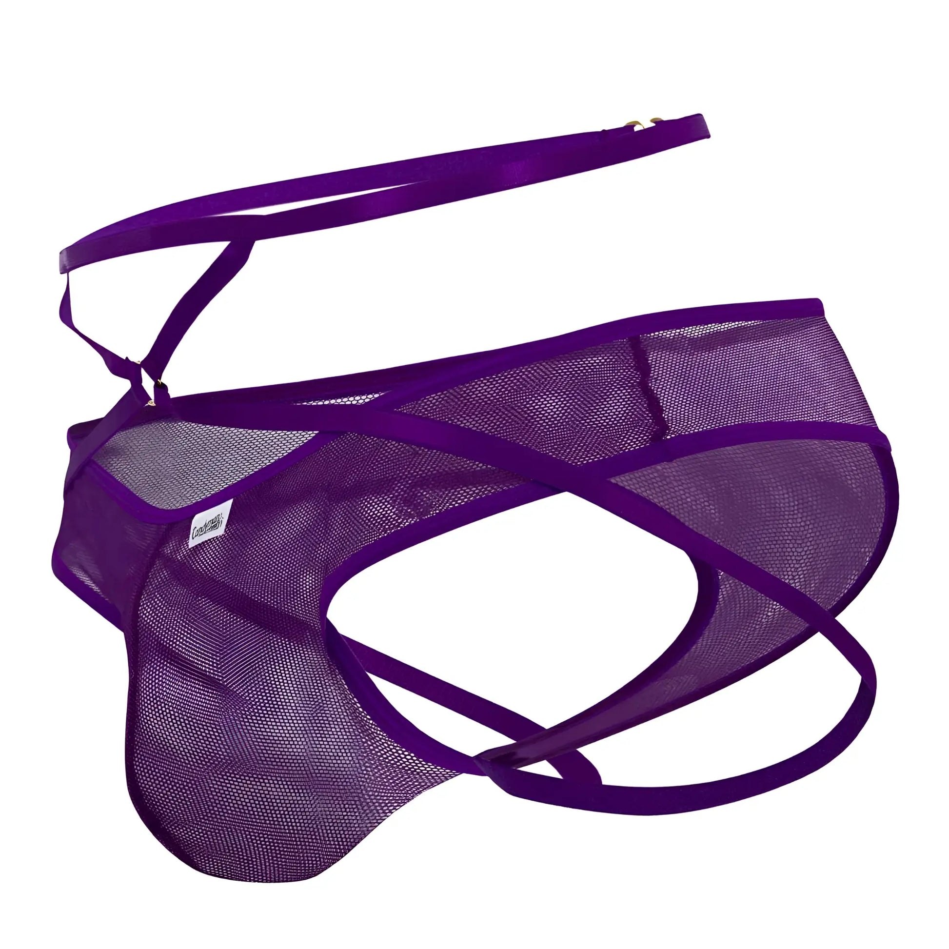 Purple candyman 99640 mesh thong with satin straps and branded tag showcasing front details