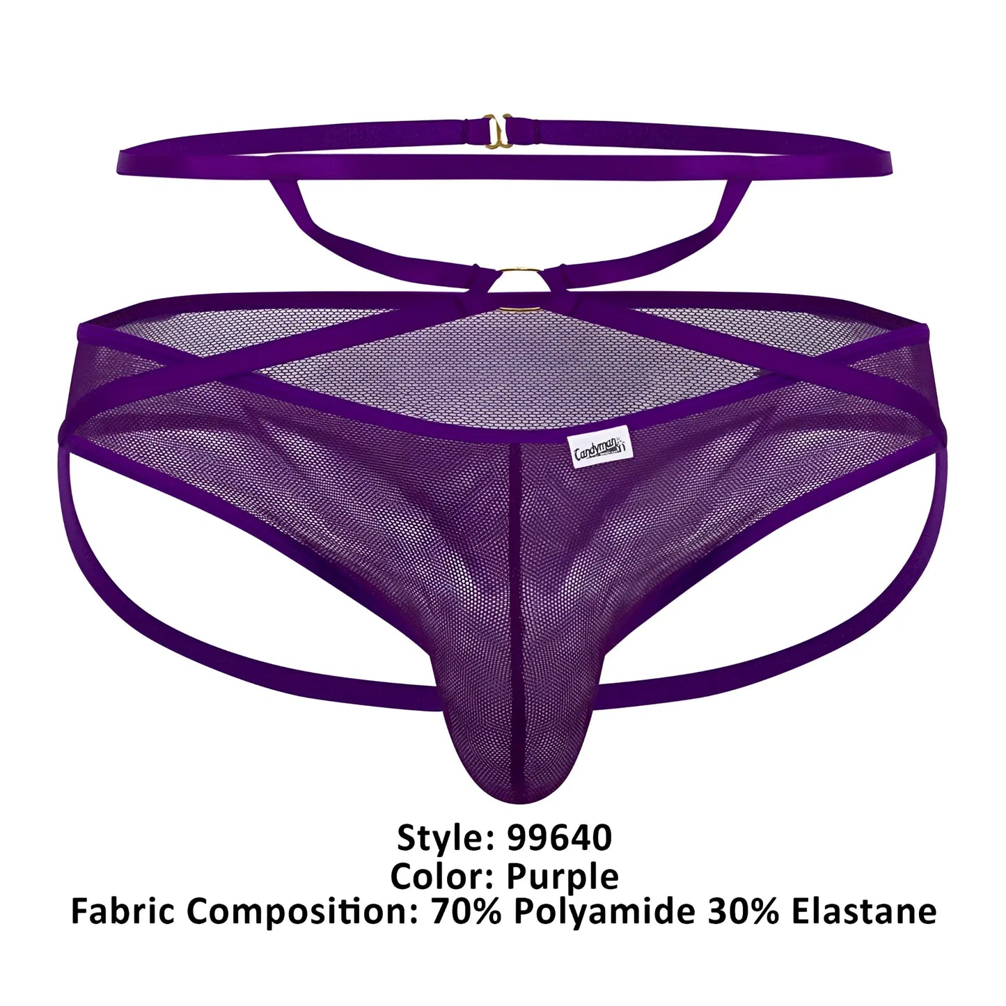 Cannyman 99640 purple mesh thong with crisscross design and adjustable straps shown from the back side