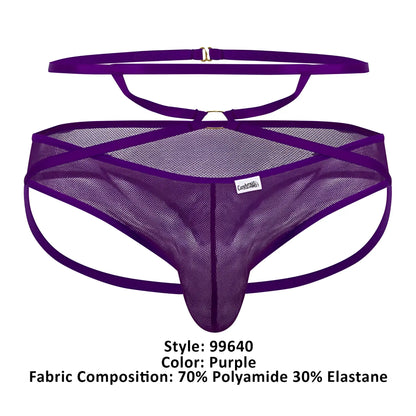 Cannyman 99640 purple mesh thong with crisscross design and adjustable straps shown from the back side
