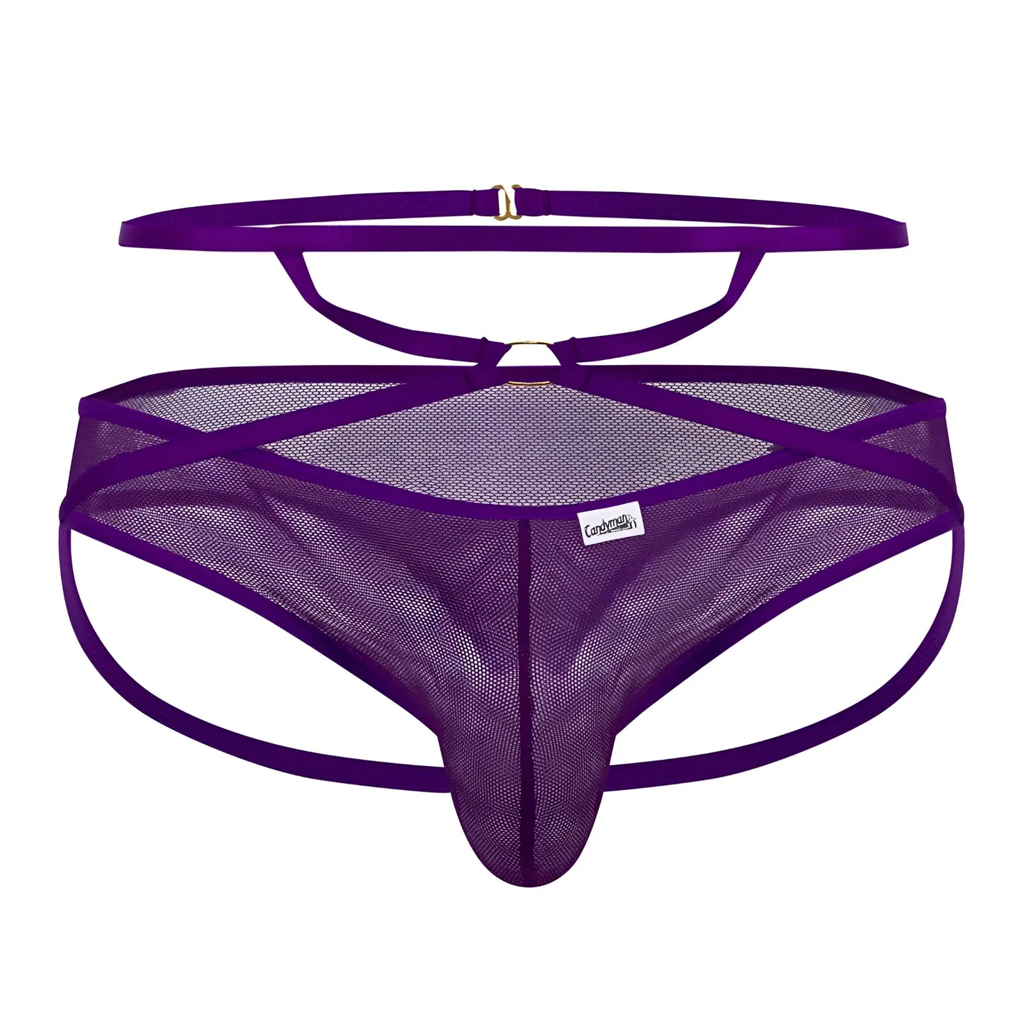 CandyMan 99640 purple mesh thong with matching waistband adjustable straps and gold toned hardware sleek design