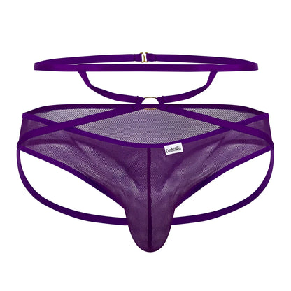 CandyMan 99640 purple mesh thong with matching waistband adjustable straps and gold toned hardware sleek design