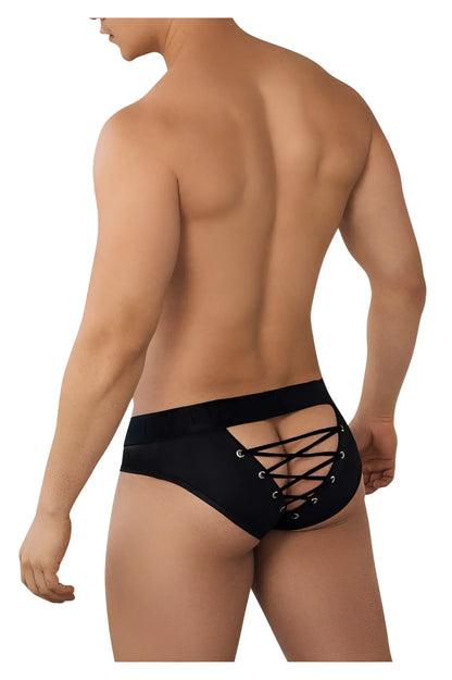 Black CandyMan 99641 shorty briefs with sleek lace-up design and metallic eyelets in form-fitting fabric