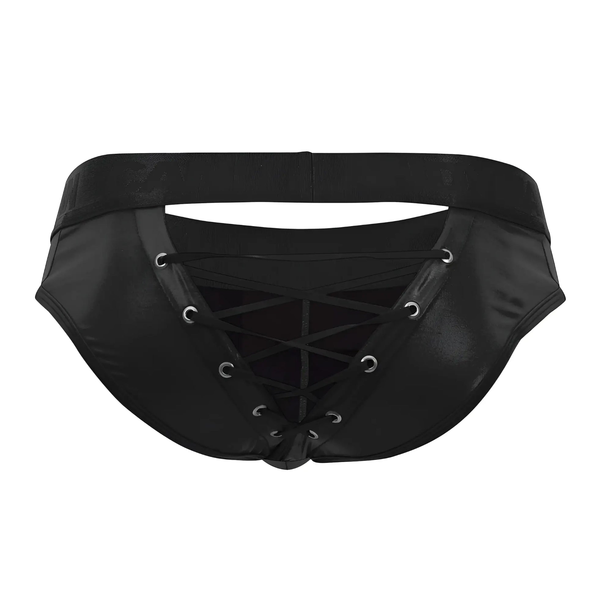 CandyMan 99641 shorty briefs in black patent leather with silver grommet lace-up detailing