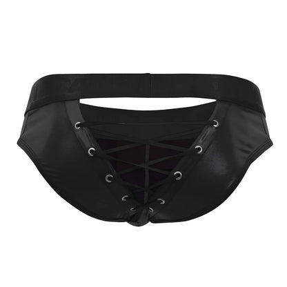 CandyMan 99641 shorty briefs in black patent leather with silver grommet lace-up detailing