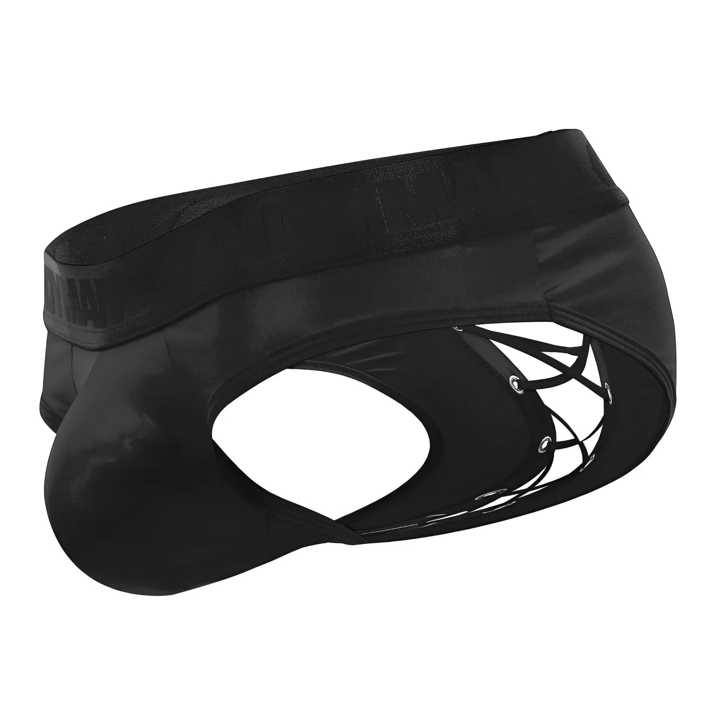 Black satin-like mens briefs candyman 99641 shorty briefs with lace-up design and elastic waistband front view