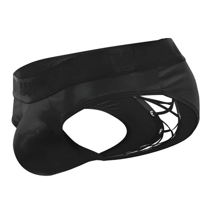 Black satin-like mens briefs candyman 99641 shorty briefs with lace-up design and elastic waistband front view