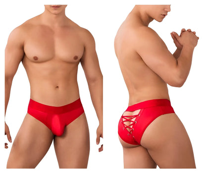 Red lace up mens briefs with satin finish and back lacing candyMan 99641 shorty briefs red color