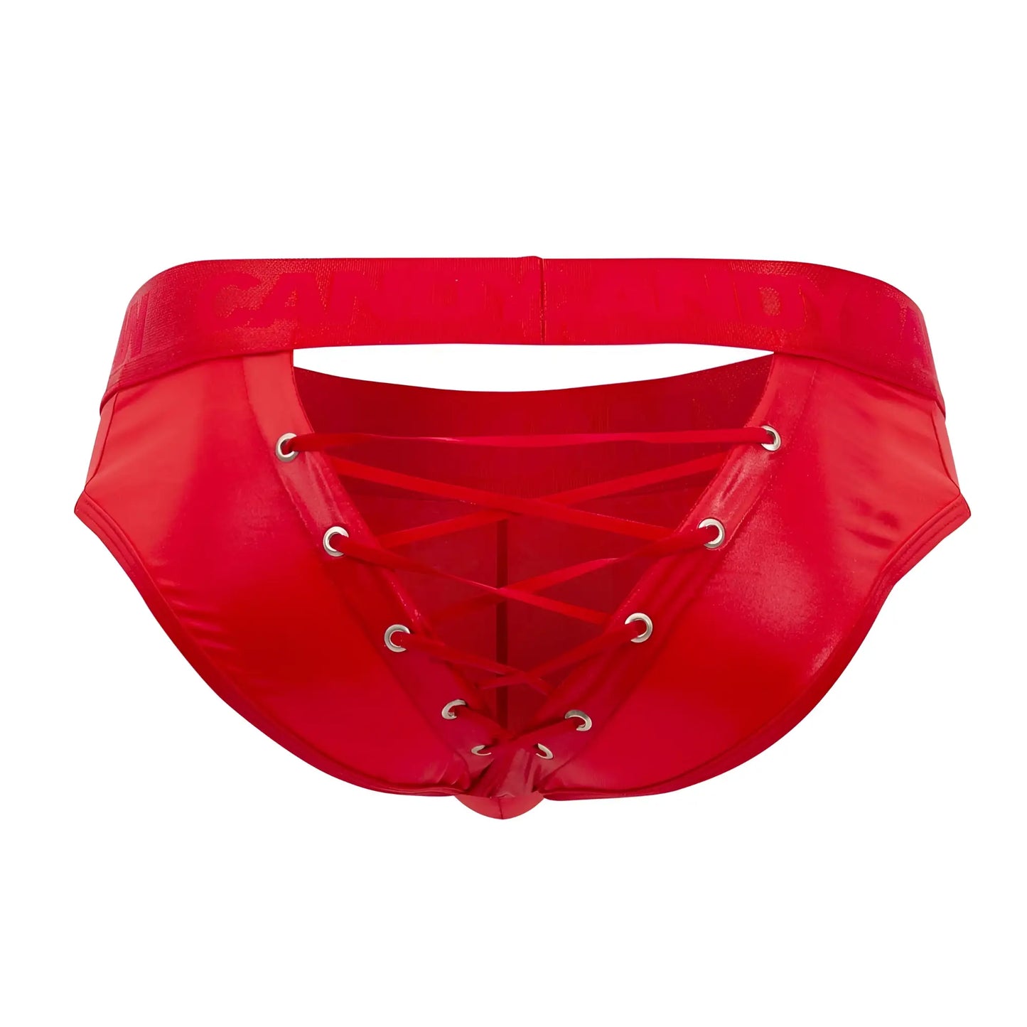 Candyman 99641 shorty briefs in red patent leather with lace-up front and silver grommets