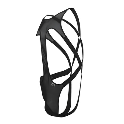 CandyMan 99643 mesh bodysuit black shown from back with breathable mesh hydration pack and adjustable straps