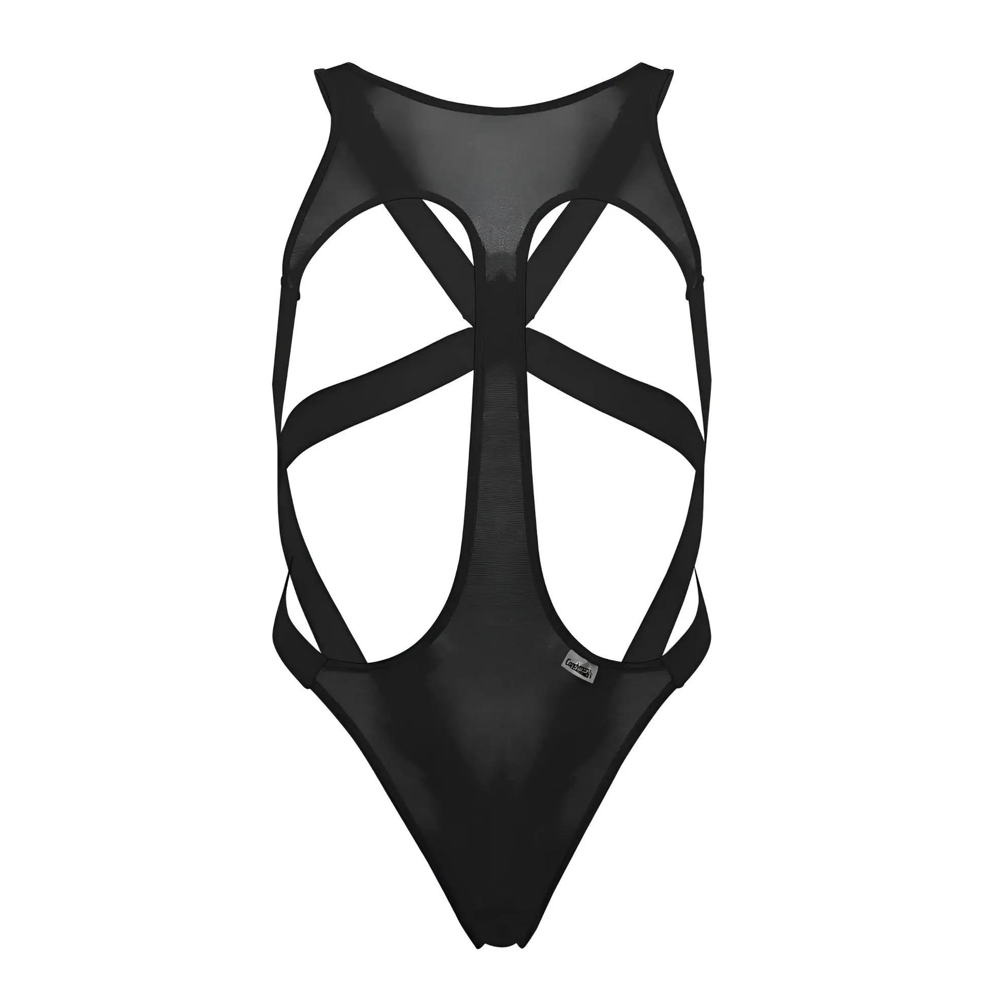 Black mesh one-piece swimsuit with crisscross strap design candyMan 99643 mesh bodysuit color black front view