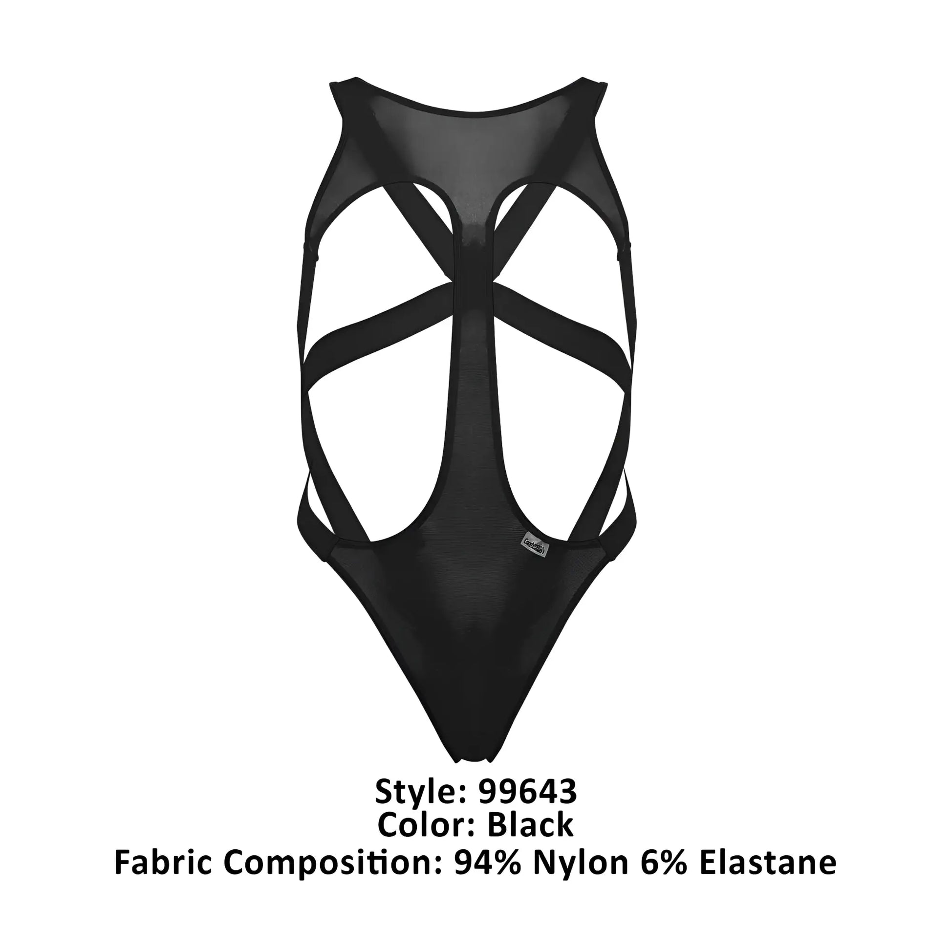 Back view of candyman 99643 black one-piece swimsuit with sheer mesh back and crisscrossing elastic straps