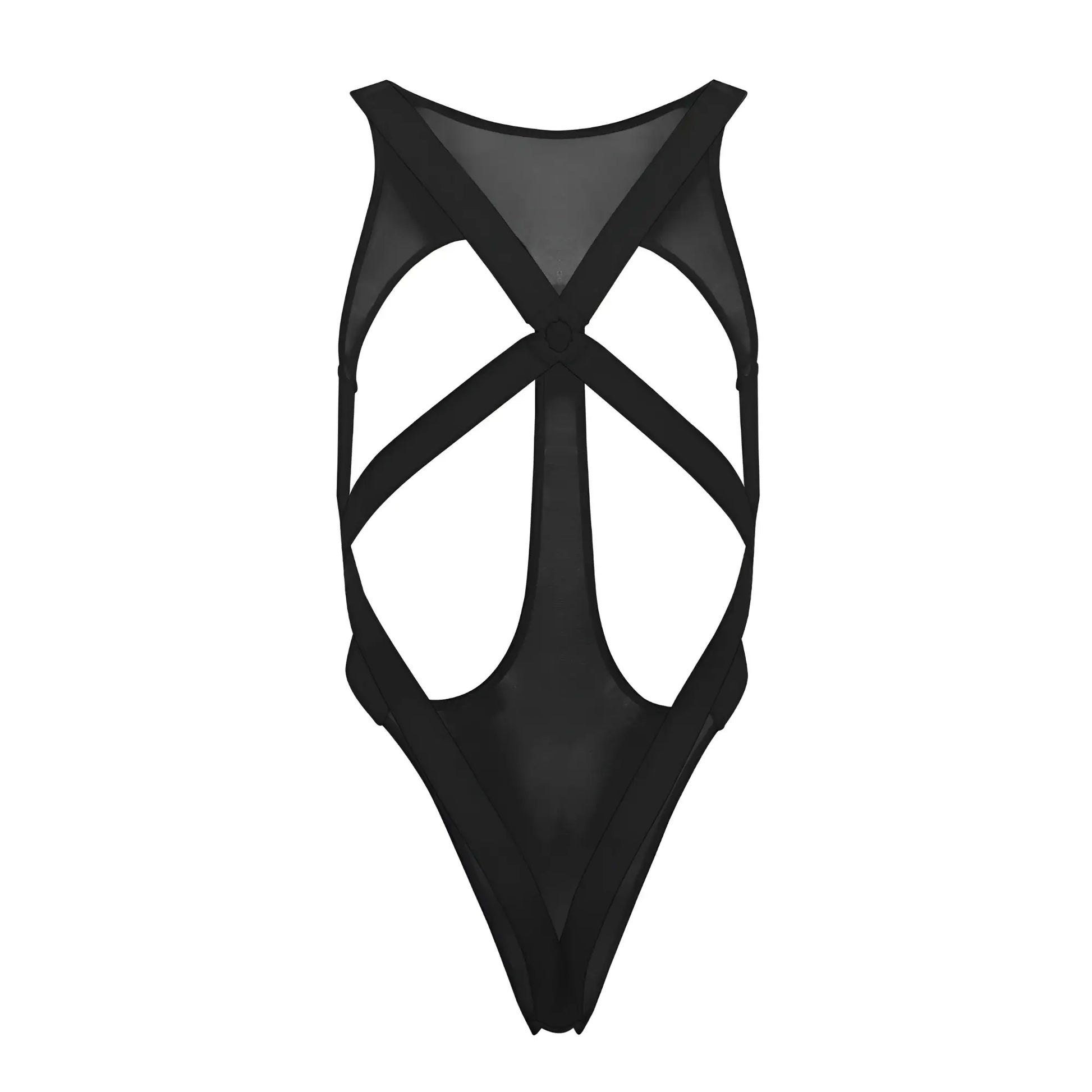 Black sheer mesh one-piece swimsuit with bold crisscross cutouts and high-cut leg from CandyMan 99643 mesh bodysuit