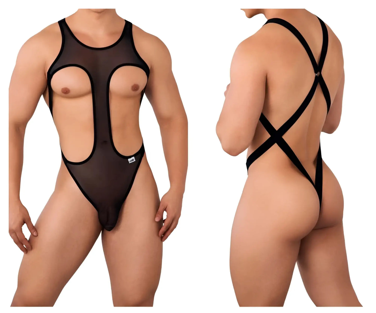 CandyMan 99643 mesh bodysuit in black sheer mesh with black elastic straps and cutouts front view swimsuit