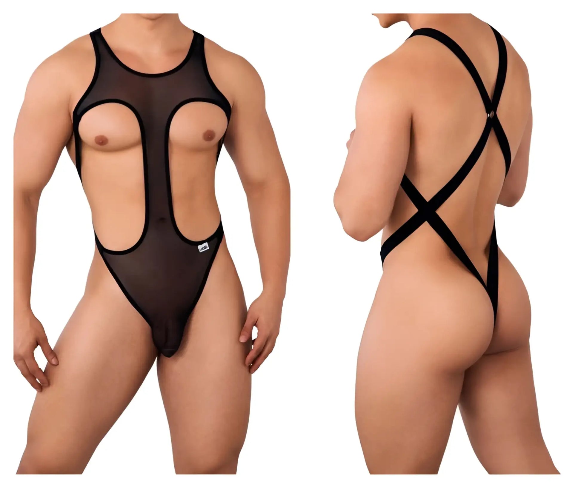 CandyMan 99643 mesh bodysuit in black sheer mesh with black elastic straps and cutouts front view swimsuit
