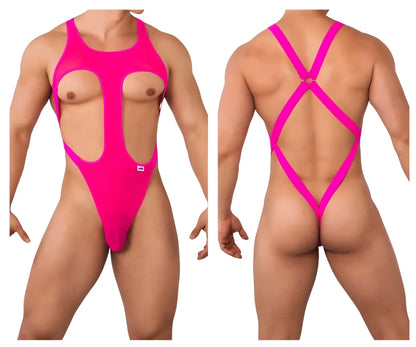 Bright pink sheer mesh one-piece swimsuit with cutout front and crisscross back straps candyMan 99643