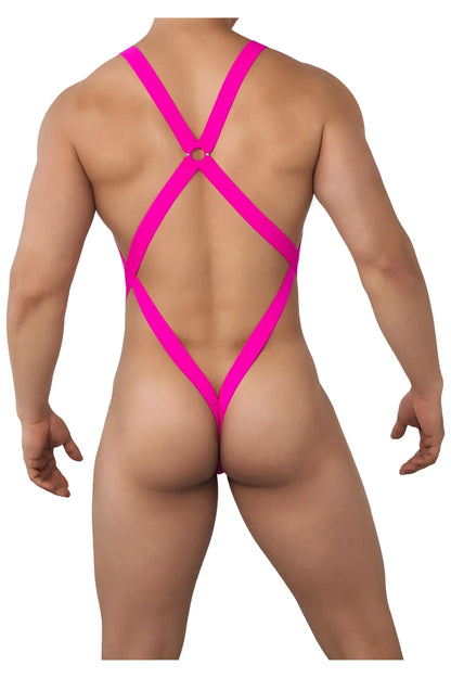 Bright pink CandyMan 99643 mesh bodysuit back side with strappy backless design and diamond-shaped cutout