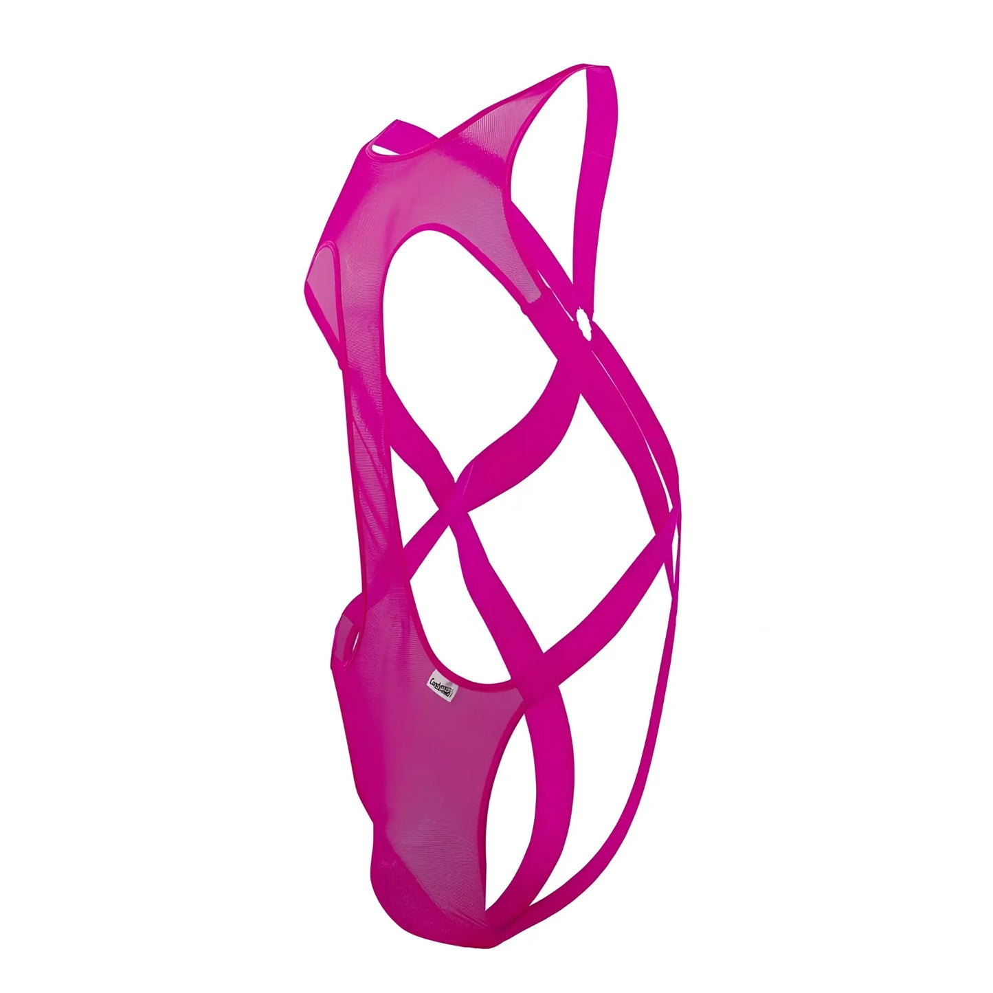 Fushcia mesh strappy bodysuit with crisscross design hot pink candyMan 99643 mesh bodysuit front view