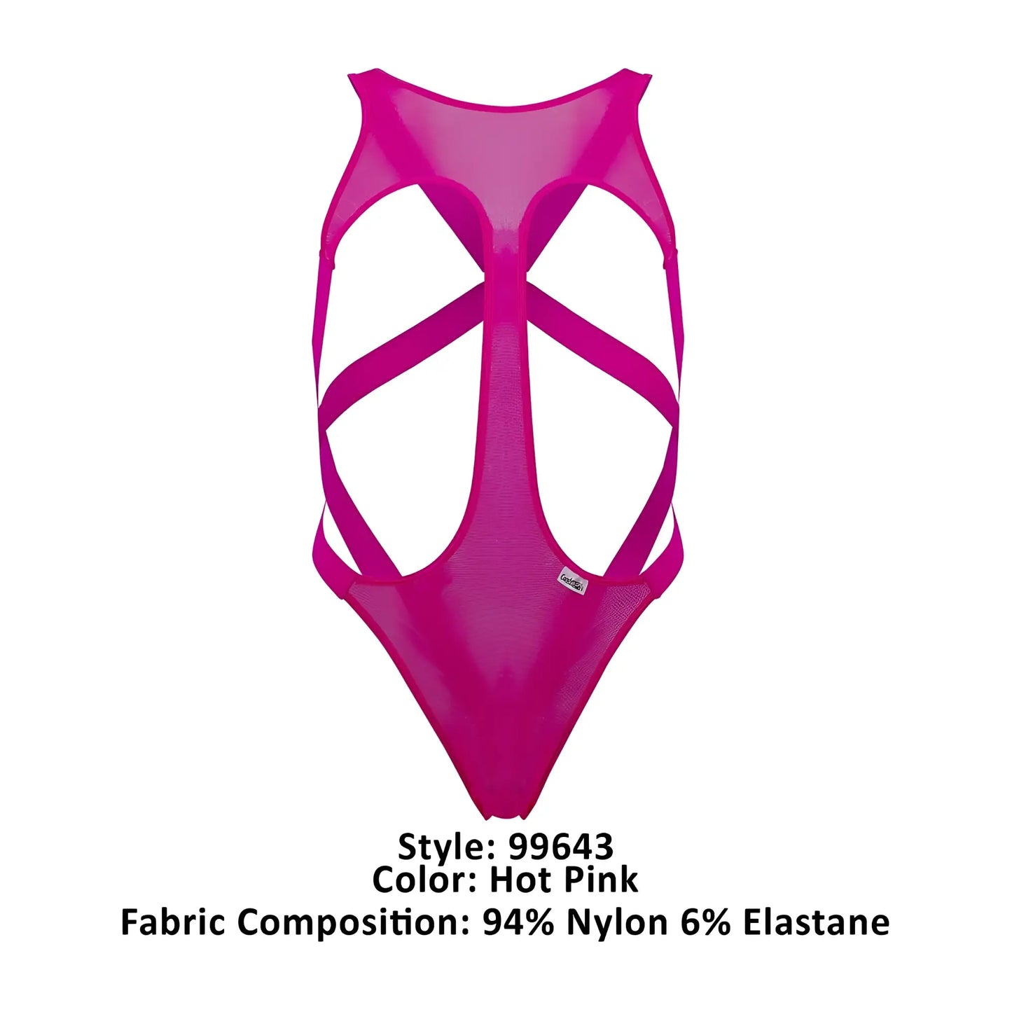 Hot pink CandyMan 99643 mesh bodysuit one-piece swimsuit with crisscross strap design
