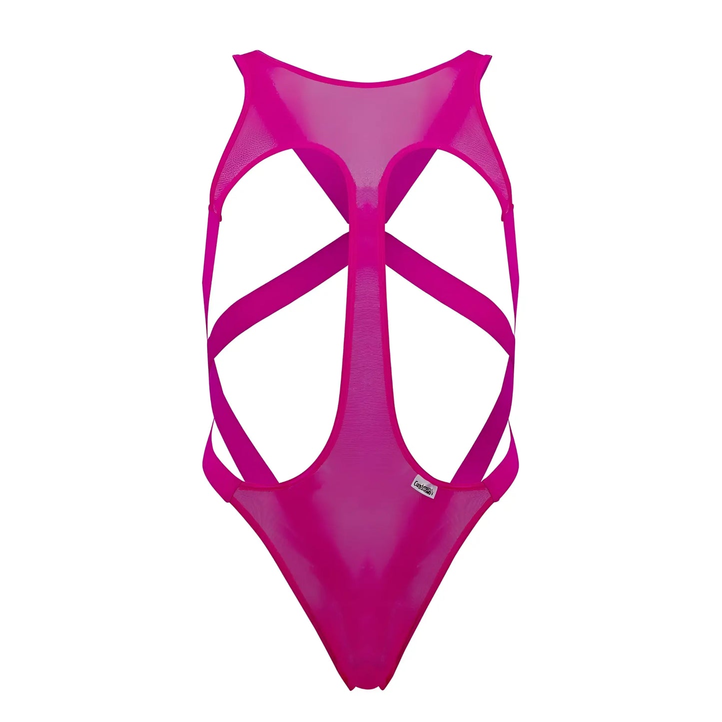 A vibrant hot pink CandyMan 99643 mesh bodysuit with a bold crisscross strap design one-piece swimsuit