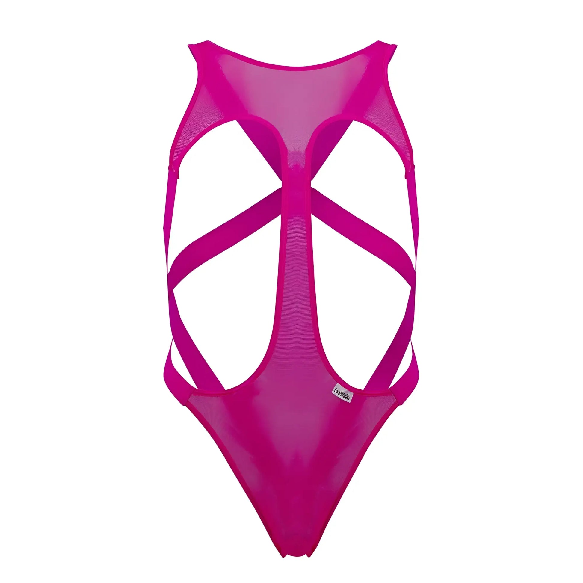 A vibrant hot pink CandyMan 99643 mesh bodysuit with a bold crisscross strap design one-piece swimsuit